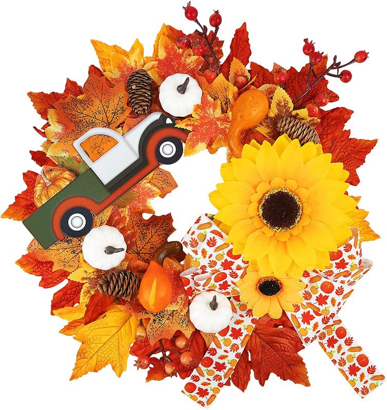 Photo 1 of 16 Inch Fall Wreath for Front Door - Colorful Fall Harvest Wreath with Pumpkin, Maple Leaf, Sunflowers, Berries and Bows Fall Thanksgiving Wreath for Front Door Farmhouse Wall Home Indoor Outdoor
