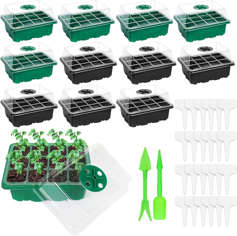 Photo 1 of 144 Cells Seedling Starter Trays,Romxecz 12 Set Seed Starter Tray Grow Kit Humidity Adjustable with Dome & Base,Indoor Nursery Pots for Greenhouse Plant,24 Pcs Plant Lables and 2Pcs Garden Tools
