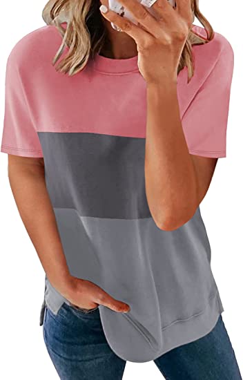 Photo 1 of Ecrocoo Womens Striped Color Block Short Sleeve Causal Blouses T Shirts Tops S