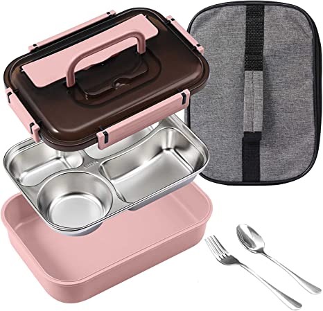 Photo 1 of Bento Box Lunch Boxes for Adults, SHUCHENGMAOYI 4-Compartment Leakproof Stainless Steel Food Container Bento Lunch Container with Utensil and Lunch Bag (Pink)
