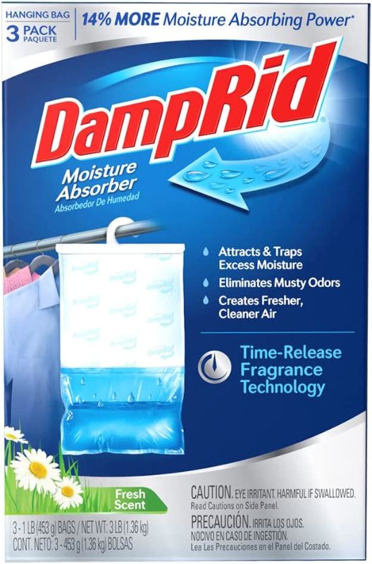 Photo 1 of DampRid Fresh Scent Hanging Moisture Absorber, 14 oz., 3 Pack - Eliminates Musty Odors for Fresher, Cleaner Air, Ideal Moisture Absorbers for Closet, 14% More Moisture Absorbing Power*
FACTORY SEALED BOX DAMAGED DUE TO SHIPPING