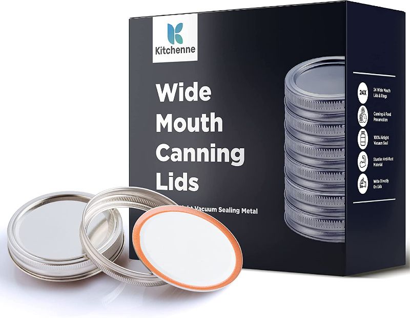 Photo 1 of Wide Mouth Canning Lids and Rings - 24 Pack - Canning Lid and Ring for Large Mouth Jar - Bulk Widemouth Lids for Small & Quart Size - Fits Ball, Kerr & Mason Jars - 100% Airtight Vacuum Sealing Metal