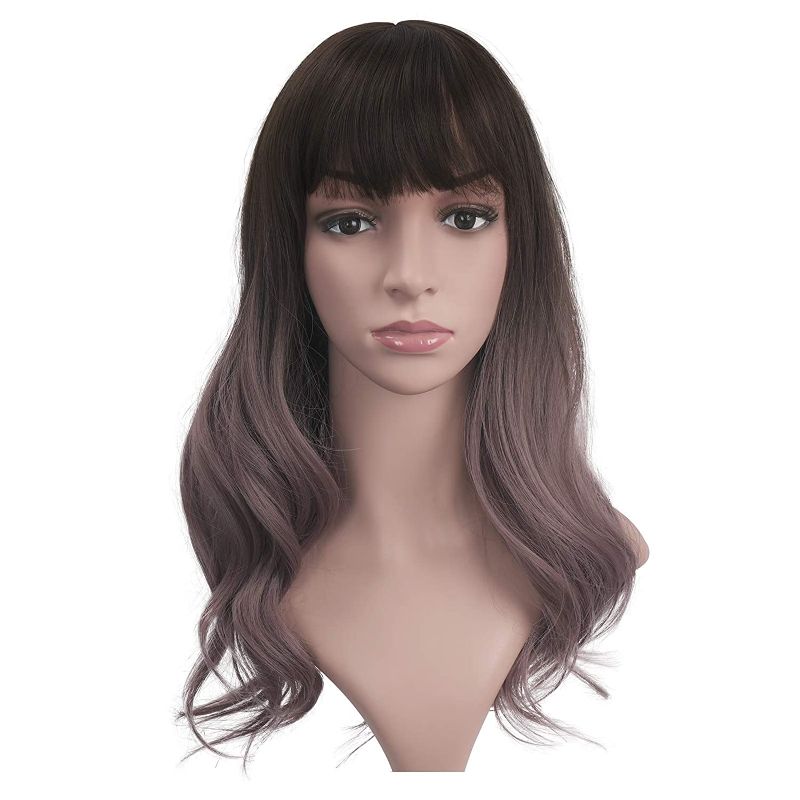 Photo 1 of  Long Wavy Wig with Neat Bangs Soft Synthetic Middle Part Style Wig 20", Brown to Pinkish Purple