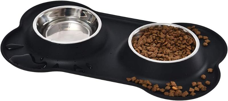 Photo 1 of Amazon Basics Dog Bone Shaped Silicone Pet Food and Water Bowl Combo, Black,3 Piece Set,YE23073BLC
