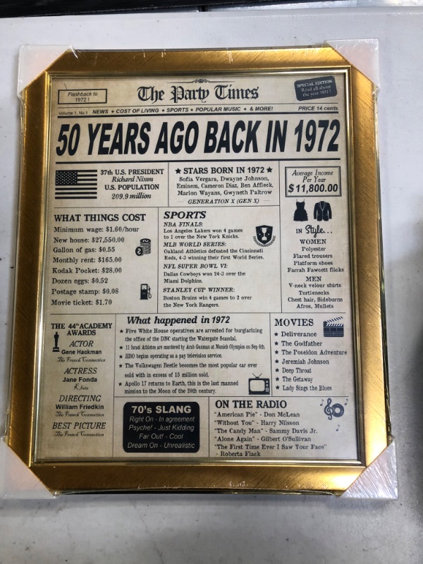 Photo 2 of 50th Birthday Decorations Framed for Women or Men, Classy Vintage Table Decor, Birthday Card Poster for Him or Her Turning 50 Years Old, Back in 1972 Print (Gold Frame)
FACTORY SEALED