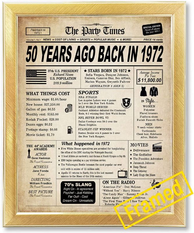 Photo 1 of 50th Birthday Decorations Framed for Women or Men, Classy Vintage Table Decor, Birthday Card Poster for Him or Her Turning 50 Years Old, Back in 1972 Print (Gold Frame)
FACTORY SEALED