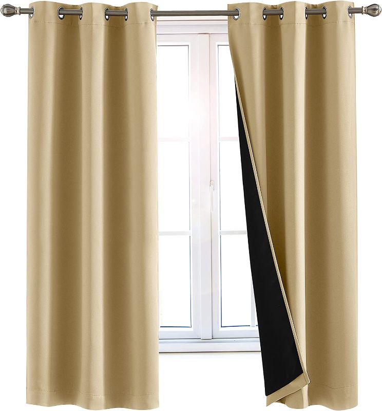 Photo 1 of 100% Blackout Window Curtains: Room Darkening Thermal Window Treatment with Light Blocking Black Liner for Bedroom, Nursery and Day Sleep - 2 Pack of Drapes, Sandstone (63” Drop x 42” Wide Each) FACTORY SEALED
