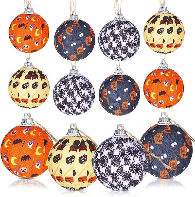 Photo 1 of 12 Pcs Halloween Ball Ornaments Fabric Wrapped Balls Scary Bat Pumpkin Ball Halloween Tree Hanging Ornament for Halloween Party Holiday Home Decorations
