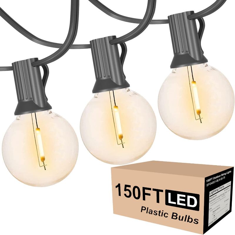 Photo 1 of Outdoor String Lights LED 150FT Globe Patio String Lights with 75 Sockets 77 Shatterproof Plastic Bulbs (2 Spare) G40 Dimmable Hanging Light for Backyard Balcony Garden Porch Party Light String Lights
