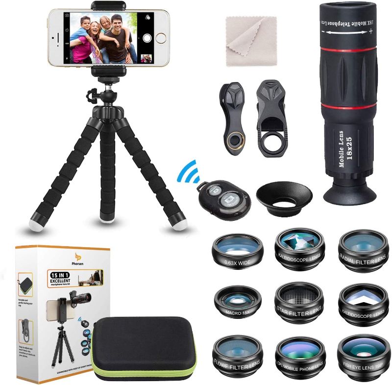 Photo 1 of 15 in 1 Universal Phone Camera Lens Kit 18X Telephoto Lens Wide Angle Lens,Macro Lens, Fisheye Lens,Kaleidoscope 3/6 Lens, CPL/Flow/Star/Radial Filter, Tripod, Remote Shutter for Most of Smartphone
