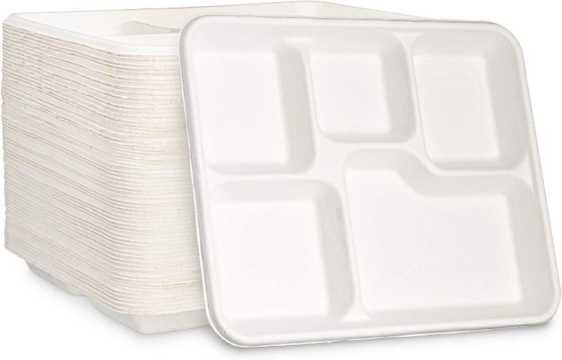 Photo 1 of 100% Compostable 5 Compartment Plates [125 Pack] Eco-Friendly Disposable Sugarcane 10 inch Paper Trays
