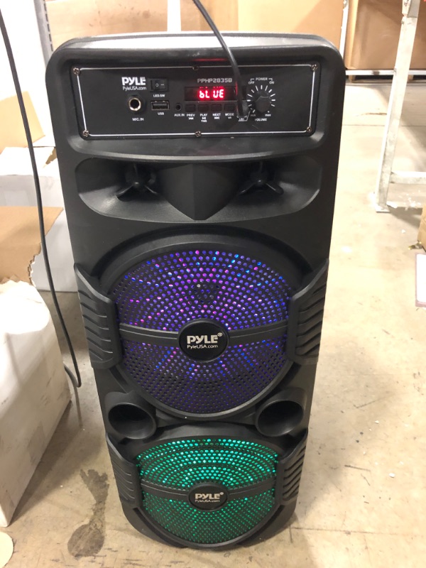 Photo 4 of Pyle Portable Bluetooth PA Speaker System - 600W Rechargeable Outdoor Bluetooth Speaker Portable PA System w/ Dual 8” Subwoofer 1” Tweeter, Microphone In, Party Lights, USB, Radio, Remote - PPHP2835B