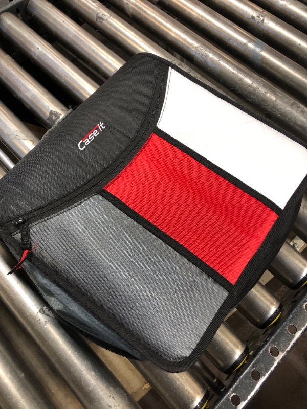 Photo 2 of Case-it The Mighty Zip Tab Zipper Binder - 3 Inch O-Rings - 5 Color Tab Expanding File Folder - Multiple Pockets - 600 Sheet Capacity - Comes with Shoulder Strap - Black D-156-B Black/Red Single--------dividers have markings on them due to usage 