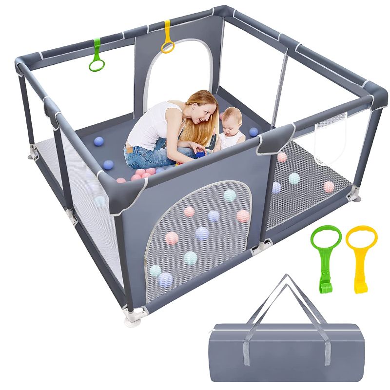 Photo 1 of BAIYI Baby Playpen, Baby Playard, Playpen for Babies with Gate Indoor & Outdoor Kids Activity Center, Sturdy Safety Play Yard with Soft Breathable Mesh, Playpen for Toddle(Grey,50”×50”)
