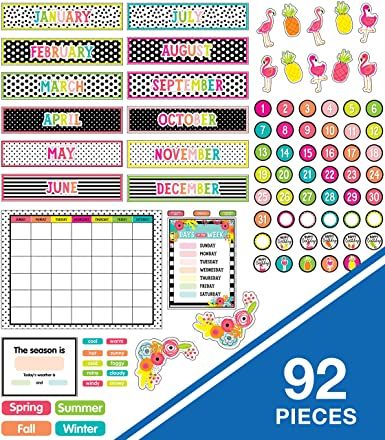 Photo 1 of Schoolgirl Style Simply Stylish Tropical Calendar Bulletin Board Set, Boho Monthly Wall Calendar with Numbers, Birthdays, Pineapple Decor, Weather and Days of The Week Chart, Classroom Decor (92 Pc)
