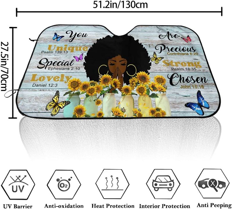 Photo 1 of African American Car Windshield Sunshade Sunflower Auto Front Window Sun Shade Sunshield SUV Trucks Vehicle Block UV Rays Sun Visor Protector for Men Women Car Truck 51x27.5 in -1
