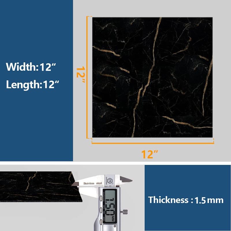 Photo 1 of 12pcs VEELIKE Peel and Stick Floor Tile 12''x12'' Vinyl Floor Tiles Black Marble Stick on Tiles Flooring Waterproof Self Adhesive Granite Floor Tiles Stickers Removable for Bathroom Kitchen Bedroom 12 pcs 
