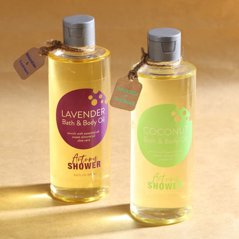 Photo 1 of Bath Oil - Autumn Shower Body Oil with Sweet Almond Oil, Jojoba Oil and Shea Butter, Lavender & Coconut Shower Oils for Women Dry Skin, Fathers Day Bath and Body Gift Set 17.6 fl oz (Pack of 2)
