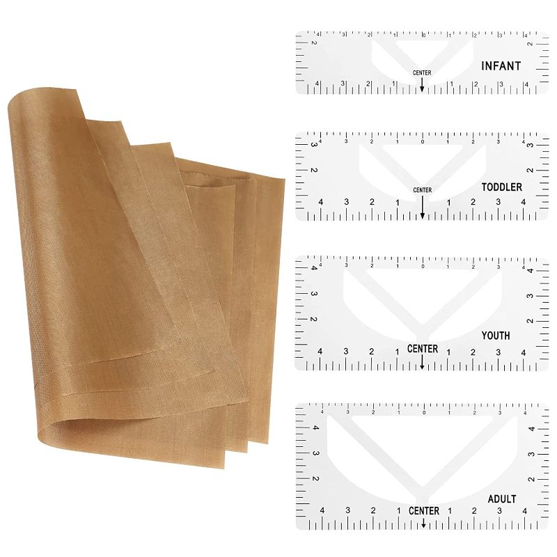 Photo 1 of 7 Pack Teflon Sheets for Heat Press Transfer Paper Sheet T-Shirt Alignment rulers, Non Stick Heat Transfer Paper Reusable Heat Resistant Craft Mat (3 Teflon Sheets+4 Rulers)
