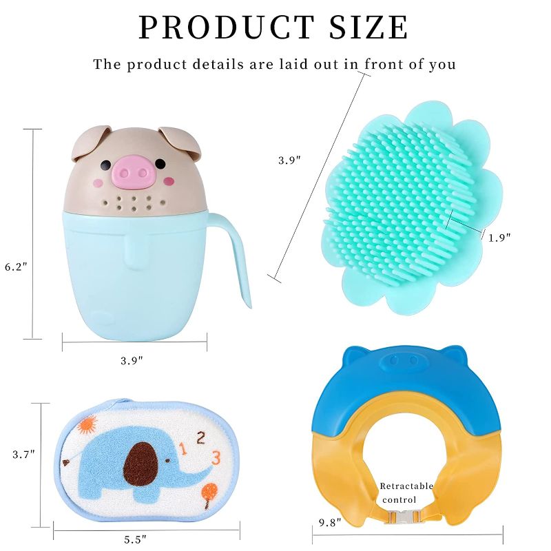 Photo 1 of DOOBAANN Baby Bath Set,Silicone Bath Brush,Baby Shower Cap,Bath Rinse Cup,Baby Bath Sponge(Blue)
