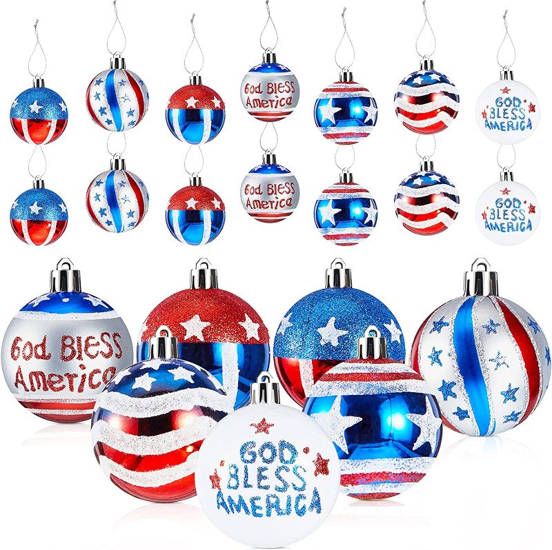 Photo 1 of 24 Pieces Independence Day Ball Ornament 4th of July Patriotic Ball Ornaments Patriotic Theme Ball Ornaments for Hanging Christmas Tree Memorial Day Decorations USA Themed Party Supplies

