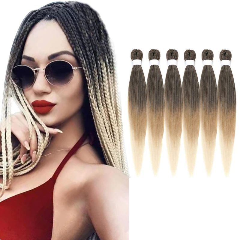 Photo 1 of WIGENIUS Pre-stretched Braiding Hair Ombre 21inch Easy Braid Synthetic Fiber Crochet EZ Braids Yaki Texture Knotless Braiding Hair Extensions (1B/27/613)