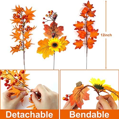 Photo 3 of 3 Pcs Artificial Fall Leaves Stems DIY Thanksgiving Decor Fall Flowers Orange Pumpkin Stems Maple Leaves Branches Sunflower Berries Acorn Picks Autumn Fall Decorations for Home Table Vase(Orange)