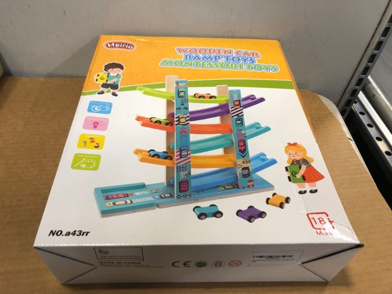 Photo 3 of Heirio Montessori Toys for Toddlers 1 2 3 Year Old Boys Girls, Wooden Car Ramp Toy Includes 6 Cars and Wood Parking Lot, Race Track Gift for Kids -- Factory  Sealed 