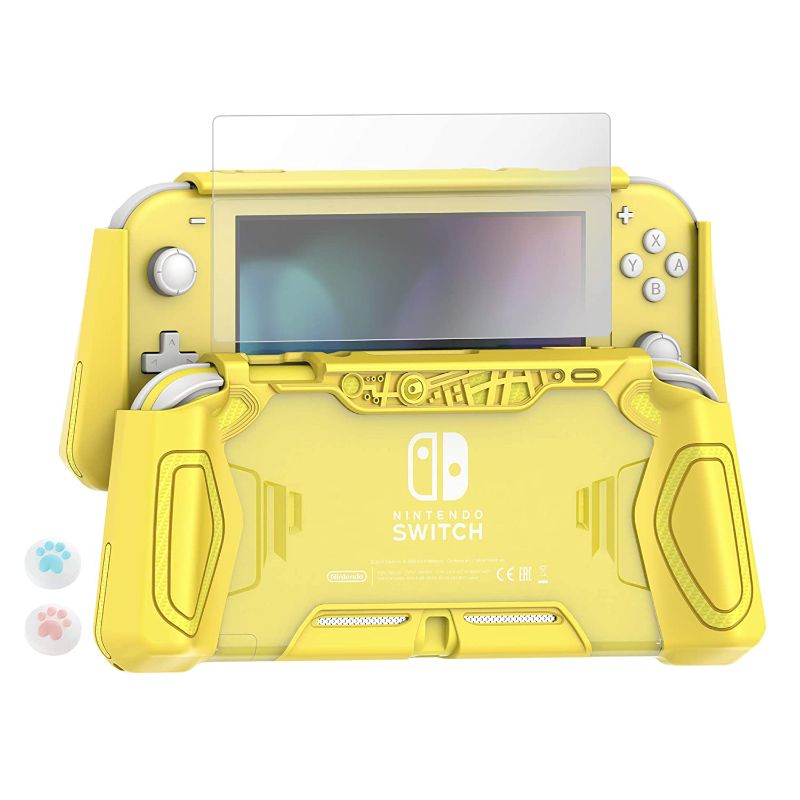 Photo 1 of Letobee Switch Lite Protective Case for Nintendo,UPGRADED Latest Ergonomic Design Comfortable Grip with 2 Thumb Grip Cap & HD Screen Protector SET Yellow