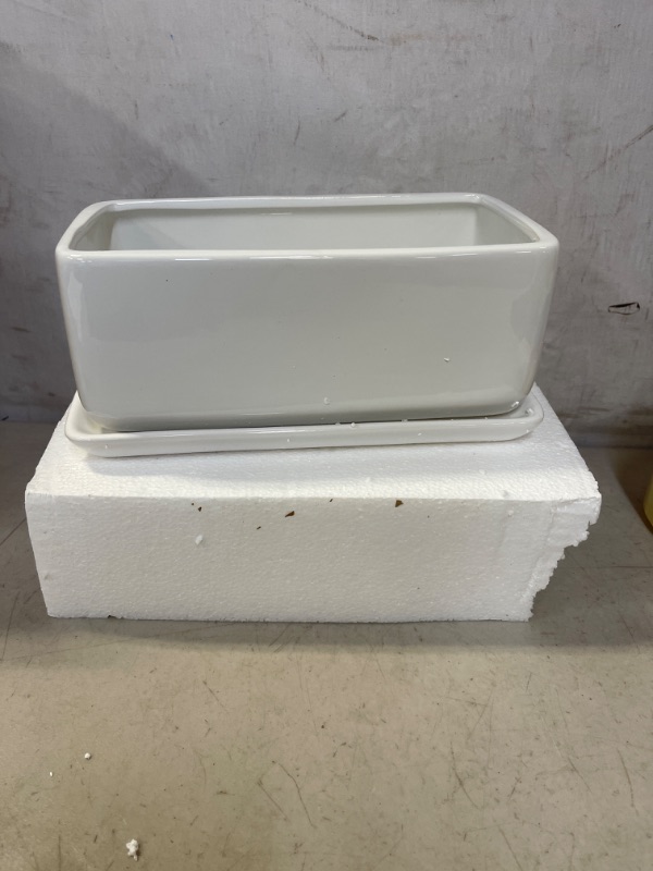 Photo 1 of 10 inch Rectangular Modern Minimalist White Ceramic Pot