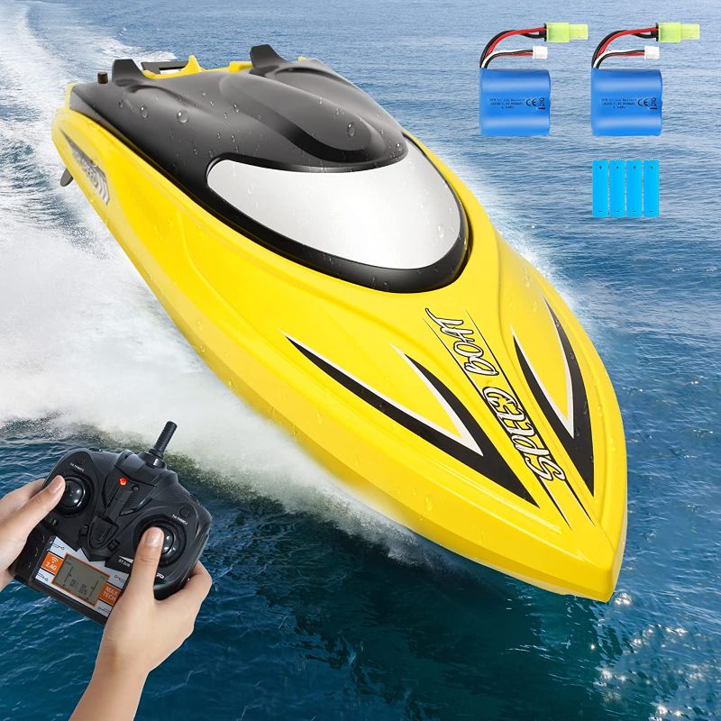 Photo 1 of  RC Boat - Remote Control Boat for Pools and Lakes, 25 km/h Fast RC Boats for Adults and Kids, 2.4Ghz Self-Righting Racing Boats with 2 Rechargeable Battery, Low Battery Alarm, Yellow
