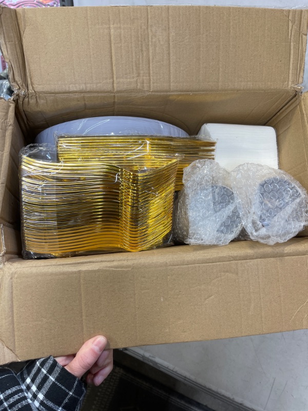 Photo 2 of 350 Piece MCIRCO Gold Dinnerware Set - 100 Gold Rim Plastic Plates - 50 Gold Plastic Silverware - 50 Gold Plastic Cups - 50 Linen Like Gold Paper Napkins, 50 Guest Disposable Gold Dinnerware Set