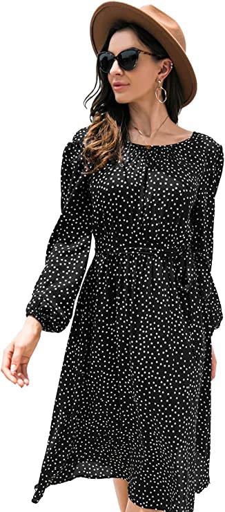 Photo 1 of Anna-Kaci Sexy Backless Polka Dot Dress for Women Long Sleeve Round Neck Tie Waist A-Line Dresses
