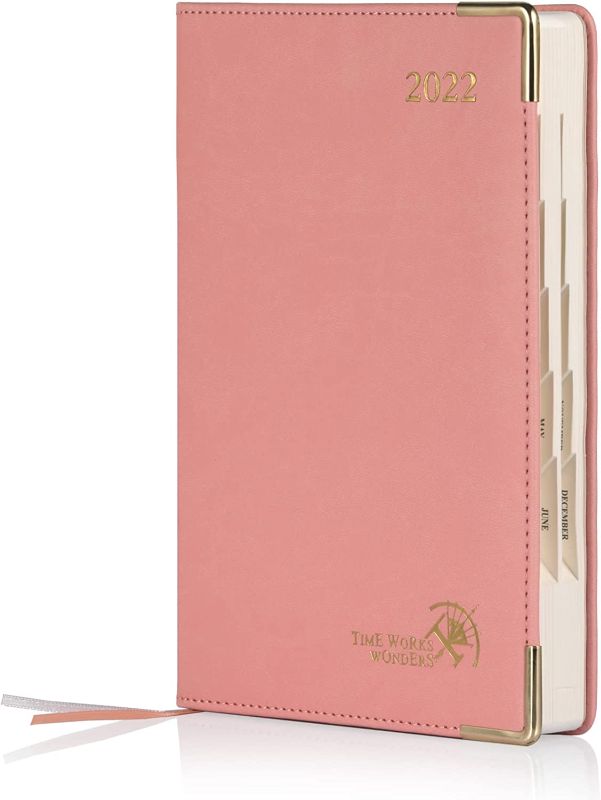 Photo 1 of POPRUN Daily Planner 2022 One Page per Day with Vegan Leather Hardcover - Agenda 2022 Hourly Appointment Book with Monthly Tabs, Inner Pocket, 5.5" x 8.5", Pink
