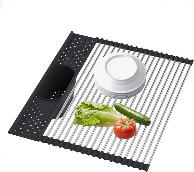 Photo 1 of AIANDE Roll Up Dish Drying Rack Sink Drying Rack Over The Sink Dish Drying Rack Sink Topper Foldable Sink Cover Collapsible Dish Drying Rack for Kitchen Anti-Slip Silicone and SUS304 Material A basket, black
