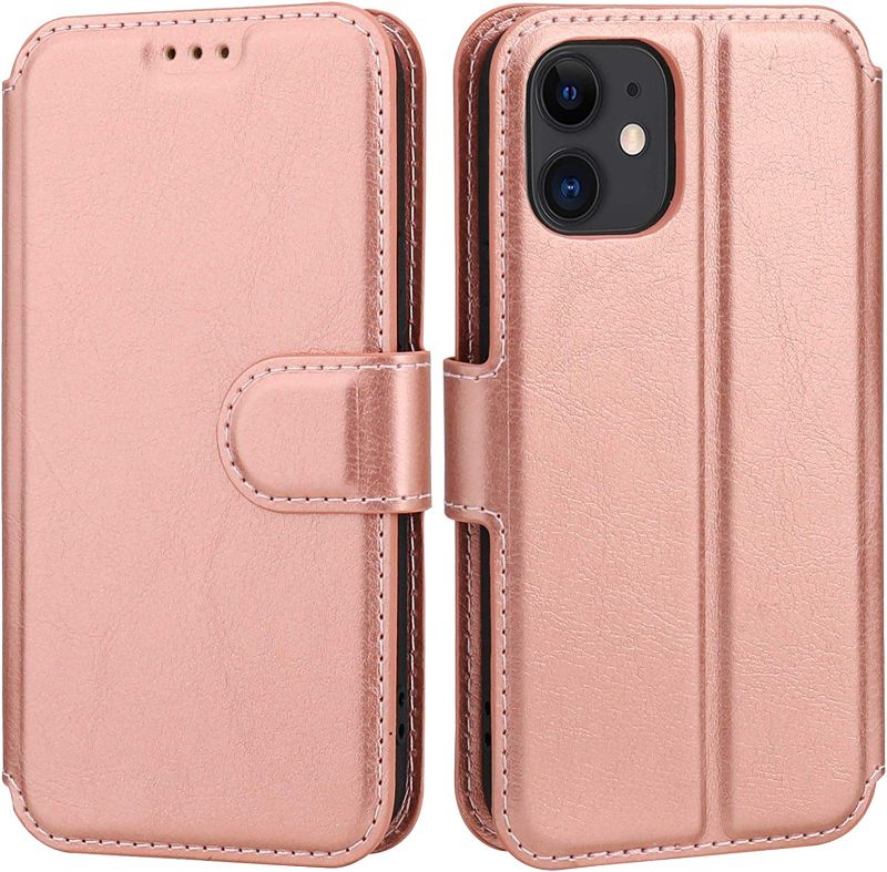Photo 1 of ONETOP Compatible with iPhone 12 Mini Slim Flip Wallet Case with Card Holder, PU Leather Magnetic Closure Kickstand Cash Pocket Cover 5.4 Inch(Rose Gold)
