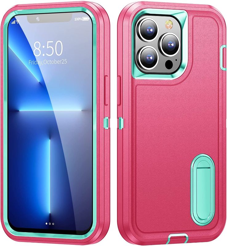Photo 1 of Kickstand Case for iPhone 12 Pro Max, Full Body Protection Heavy Duty Shockproof 3 in 1 Silicone Rubber & Hard PC Phone Case Cover with Kickstand No Buit in Screen Protector (Rose/Mint)