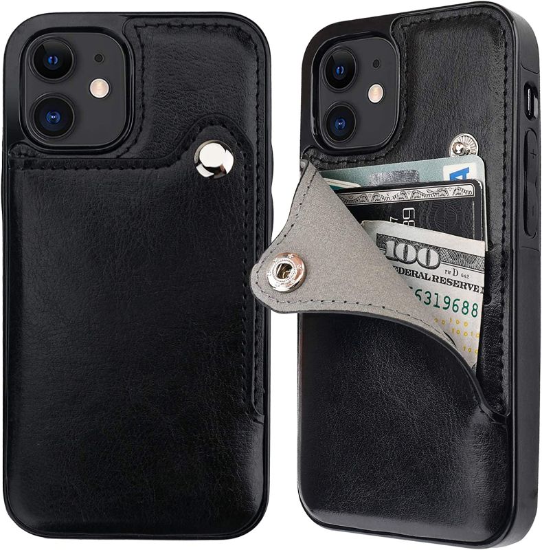 Photo 1 of ONETOP Compatible with iPhone 12 Mini Slim Wallet Case with Credit Card Holder, PU Leather Button Closure Kickstand Protective Shockproof Cover 5.4 Inch(Black)
