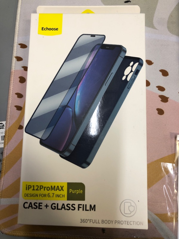 Photo 2 of Echoose Phone Case for iPhone 12 Pro Max (6.7inch), with [DIY] Built-in Anti Scratch Tempered Glass Film 2 Pcs, 360° Full Body Protective No Gap, Ultra Slim Matte 32 ft Shockproof Phone Case Purple
