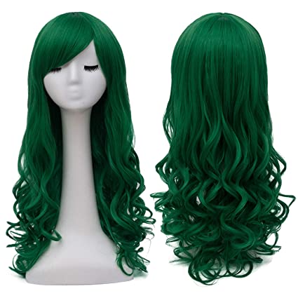 Photo 1 of Bopocoko Green Wigs for Women Long Curly Hair Wig with Bangs Heat Resistant Synthetic Wigs for St Patricks Day Party Halloween BU156GR
