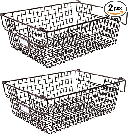 Photo 1 of 2 Pack Stackable Wire Storage Baskets With Handles, For Kitchen, Bathroom, Cabinets, Cupboards, Counter Top - Freezer & Pantry Organizer Bins, For Snacks, Drinks, Potatoes, Onions, Meat(Brown-XXL)
