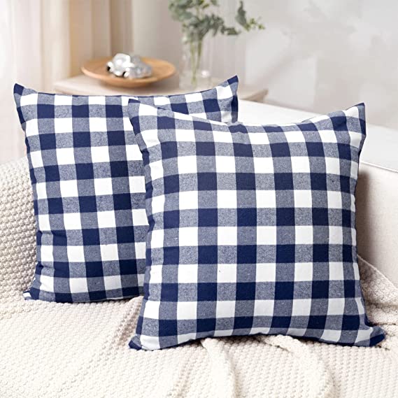 Photo 1 of AELS 100% Cotton 18x18 Buffalo Plaid Throw Pillow Covers, Decorative Square Farmhouse Pillow Case, Set of 2, Navy Blue Buffalo Check Cushion Cover for Sofa Couch Bedroom Living Room (COVER ONLY)
