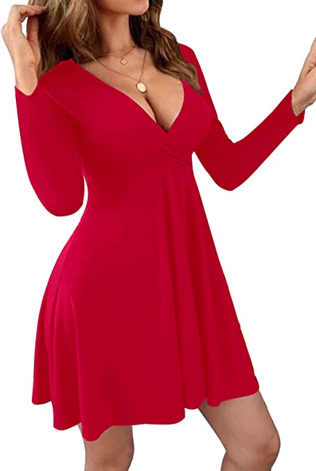 Photo 1 of Aoysky Women's Long Sleeve Dress Deep V Neck High Waist Sexy Above Knee Length Short Dresses - 2x
