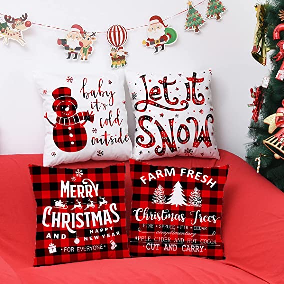 Photo 1 of 4Pcs Christmas Throw Pillow Covers, Buffalo Plaid Soft Christmas Pillowcases Xmas Winter Holiday Cushin Covers for Home, Sofa, Christmas Decor Throw Pillow Covers-18x18''
