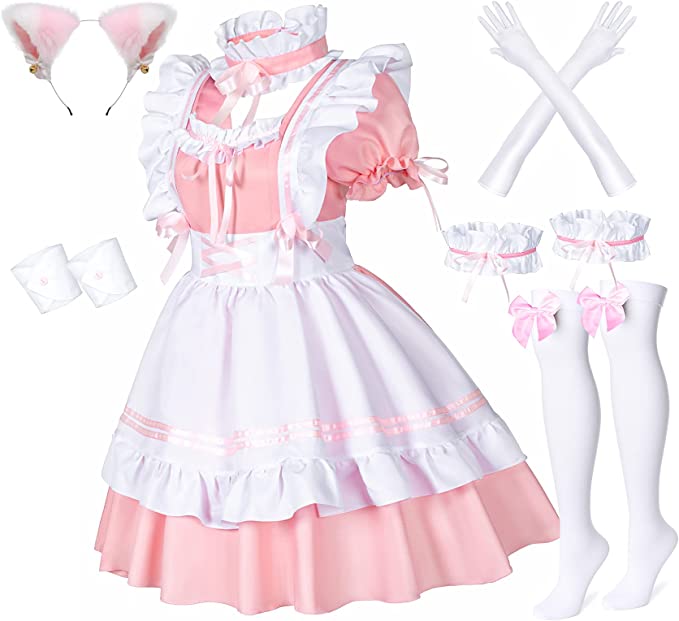 Photo 1 of Anime French Maid Apron Lolita Fancy Dress Cosplay Costume Furry Cat Ear Gloves Socks Set
