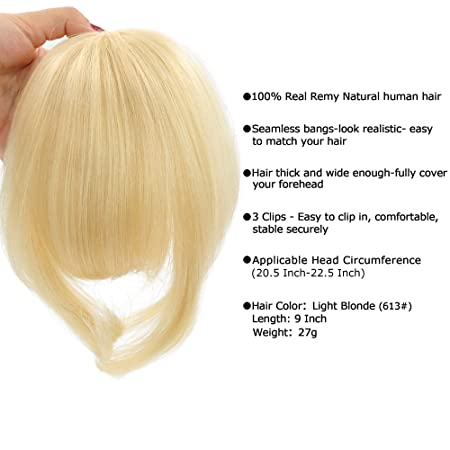 Photo 1 of YENAS Human Hair Clip In Bangs for Women Natural Virgin Remy Hair Soft Human Hai Bouncy Hair Color Natural Color 1-613 Full Color Matched Free Styles White clip in bang human hair (9 Inch, 613P)- FACTORY SEALED 
