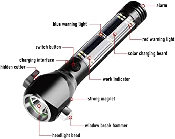 Photo 1 of Serjur 8 in 1 Multi Function Flash Light,USB Rechargeable Solar Powered Flashlight with Glass Breaker,Seatbelt Cutter,Alarm and Phone Charger, Car LED Tactical Flashlight for Emergencies