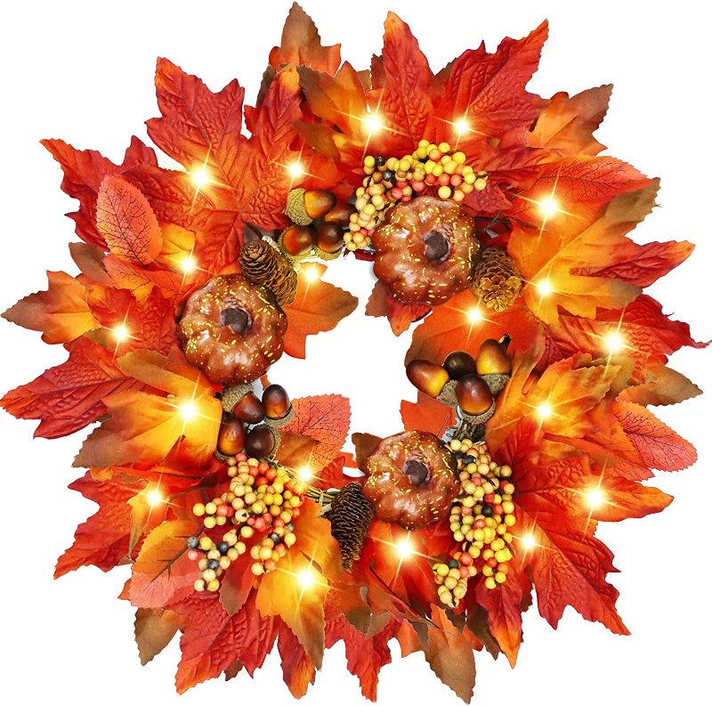 Photo 1 of [ Prelit & Timer ] Fall Wreath 20 Warm Lights Fall Thanksgivings Decorations for Front Door,Artificial Maples Leaf Pumpkin Pine Cone Berry Wreath Autumns Harvest Decor Home Indoor Outdoor 16Inch
