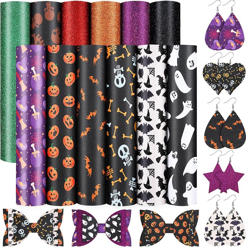 Photo 1 of 12 Sheets Halloween Faux Leather Sheet Halloween Pattern Fabric Sheet Skull Bat Printed Synthetic Leather Fabric Sheet 7.9 x 6 Inch with Hair Clip Earring Kits for Making Halloween Theme Earring
