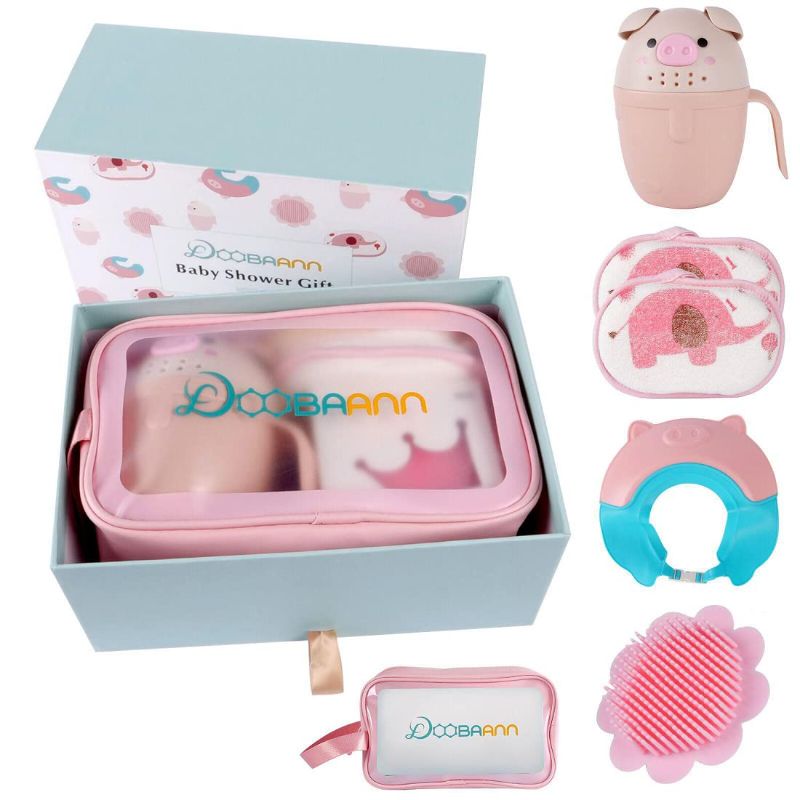 Photo 1 of DOOBAANN Baby Bath Set,Silicone Bath Brush,Baby Shower Cap,Bath Rinse Cup,Baby Bath Sponge(Pink)
